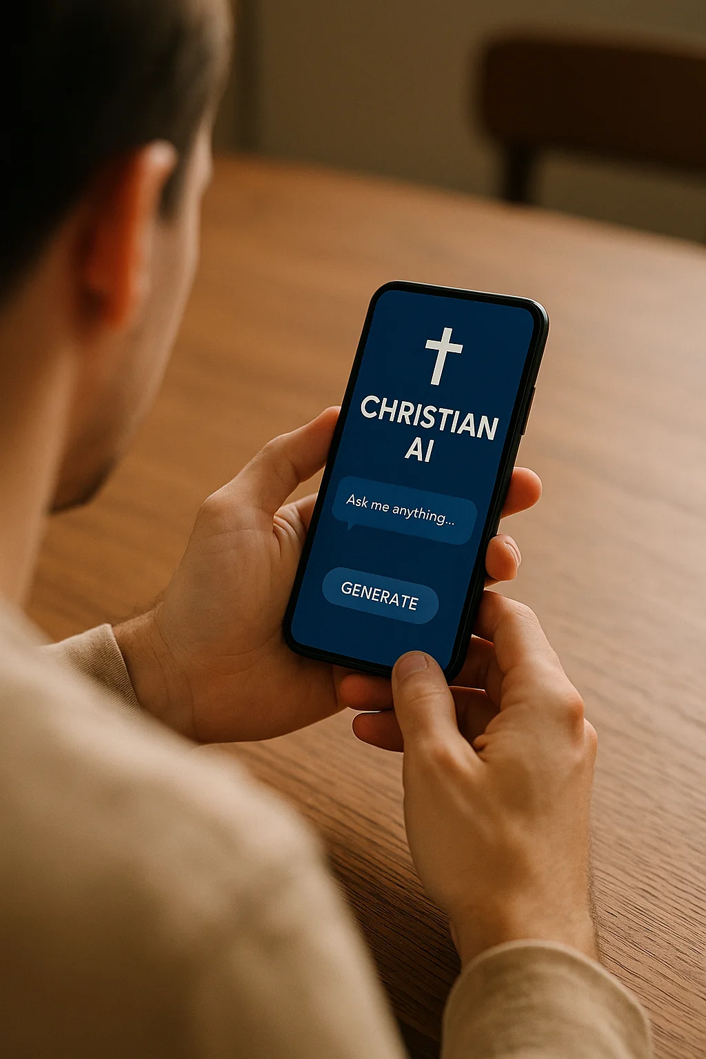 Man using Son of God AI Christian chatbot app on mobile phone for Bible study