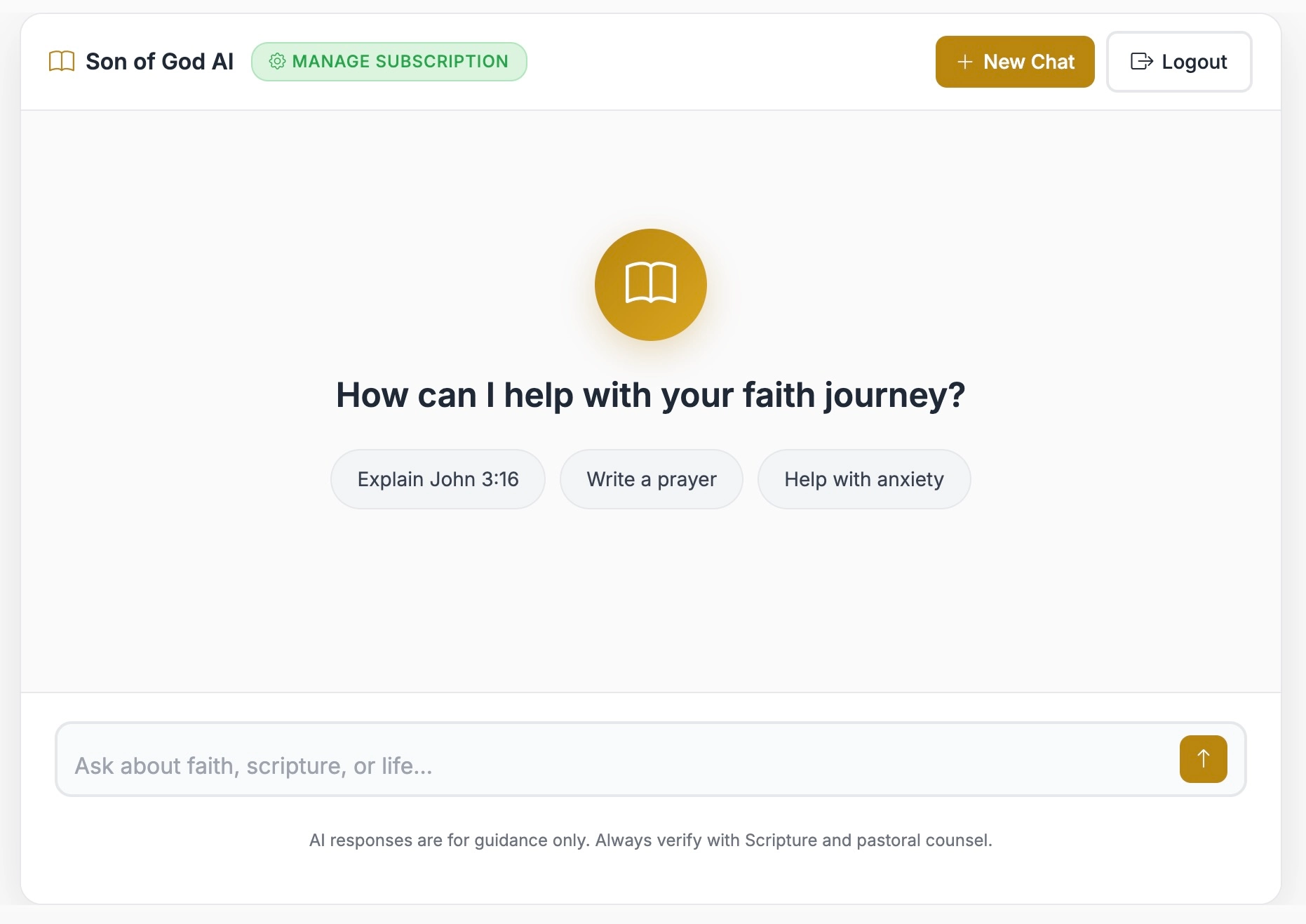 Son of God AI mobile app interface showing Christian chatbot for Bible study